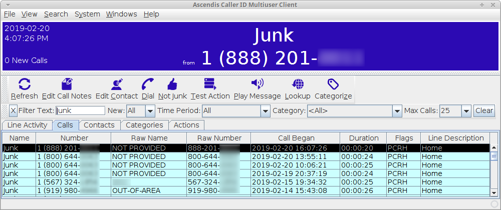 Main Client window showing Call list with a filter active